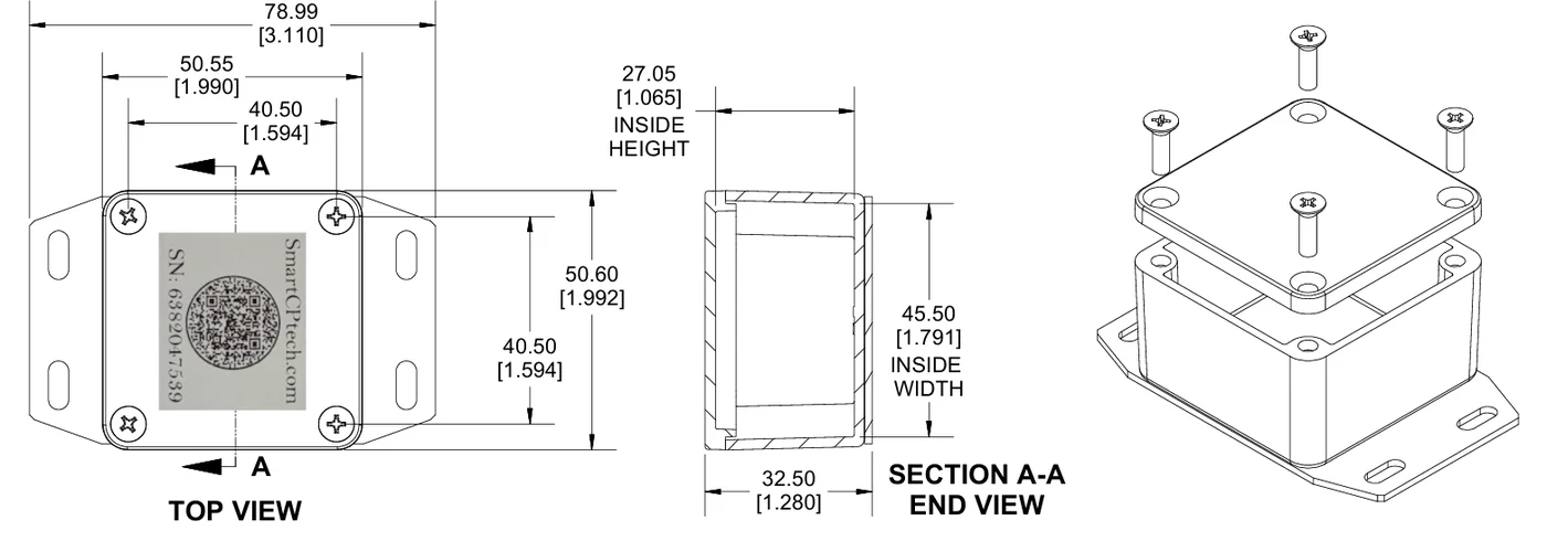 Technical enclosure drawing showing SmartCPtech sensor dimensions